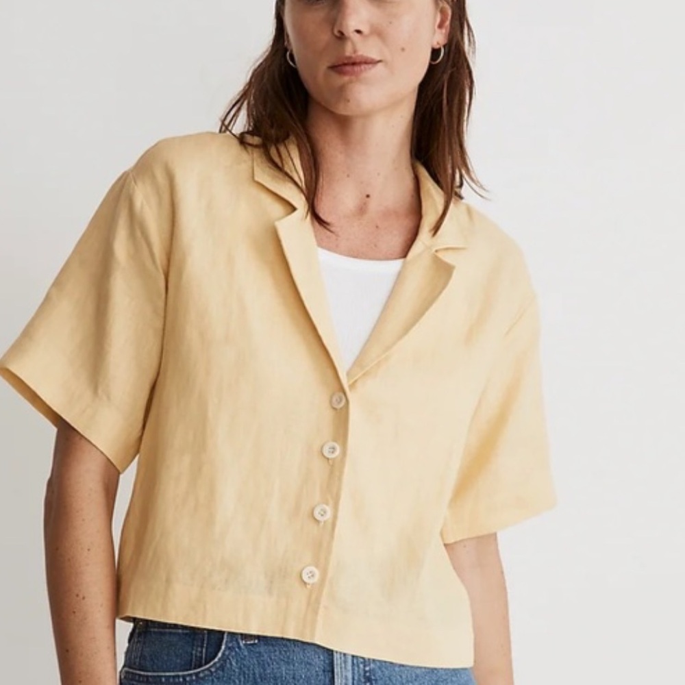 Madewell 100% Linen Resort Shirt in Light Straw, Yellow Summer Blouse